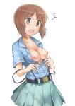  /\/\/\ 1girl absurdres aoshidan_school_uniform bangs belt black_belt blue_shirt blush breasts brown_eyes brown_hair cleavage collared_shirt cowboy_shot ennui_orz eyebrows_visible_through_hair frown girls_und_panzer green_skirt highres medium_breasts miniskirt nipples nishizumi_miho open_mouth pleated_skirt school_uniform shirt short_hair short_sleeves simple_background skirt standing suspender_skirt suspenders suspenders_slip sweatdrop unbuttoned unbuttoned_shirt wardrobe_malfunction white_background 