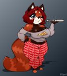  absurd_res ailurid bottomwear breasts cleavage clothed clothing female food hi_res mammal one_eye_closed pants pizza red_panda shirt solo superix topwear wink 