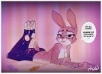  anthro bedroom_eyes bite biting_lip bodily_fluids breasts butt buttplug clothed clothing cum cum_on_back cum_on_breasts cum_on_butt cum_on_face cum_on_feet dialogue disney english_text feet female genital_fluids half-closed_eyes handcuffs hindpaw judy_hopps lagomorph leporid looking_at_viewer lying mammal mugibunbun on_front paws rabbit running_mascara seductive self_bite sex_toy shackles solo speech_bubble stirrup_legwear text topless wrapped_condom zootopia 