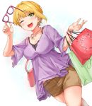  1girl ;d absurdres bag bangs blonde_hair blush bracelet breasts brown_shorts cleavage collarbone eyebrows_visible_through_hair eyewear_removed floral_print glasses green_eyes handbag heart heart_necklace highres idolmaster idolmaster_cinderella_girls jewelry large_breasts miyamoto_frederica necklace one_eye_closed open_mouth pink_handbag red-framed_eyewear short_hair short_shorts shorts simple_background sirurabbit smile solo white_background 