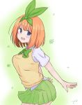  1girl :d bangs blush bow breasts collared_shirt commentary_request cowboy_shot eyebrows_behind_hair go-toubun_no_hanayome green_bow green_ribbon green_skirt hair_ribbon highres kujou_karasuma looking_at_viewer medium_breasts nakano_yotsuba open_mouth orange_hair pleated_skirt purple_eyes ribbon shirt short_hair short_sleeves signature skirt smile solo sweater_vest white_shirt 