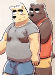  2019 anthro barazoku black_nose blush bottomwear brown_fur canid canine canis clothing domestic_dog duo fur grope hug hugging_from_behind humanoid_hands kick_(artist) male male/male mammal moobs overweight overweight_male shirt shorts topwear ursid 