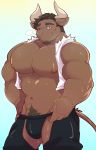  2019 anthro beard biceps big_pecs blush bodily_fluids bovid bovine brown_fur brown_hair bulge cattle chaps clothing eyebrows facial_hair fur hair hi_res looking_at_viewer male mammal mature_male muscular muscular_male navel nipples one_eye_closed pecs pubes ripped_sleeves seintaur smile solo sweat topwear vest wink 