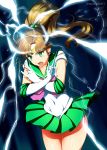  1girl bishoujo_senshi_sailor_moon brown_hair commentary_request crossed_arms dark_background earrings elbow_gloves gloves green_eyes hair_bobbles hair_ornament headband highres jewelry lightning mattari_yufi open_mouth pleated_skirt ponytail sailor_jupiter school_uniform serafuku shiny shiny_skin shirt skindentation skirt sleeveless sleeveless_shirt solo tight_shirt twitter_username 