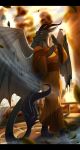  2017 anthro barefoot black_bars blue_eyes breasts clothed clothing day detailed_background dragon feathered_dragon feathered_wings feathers female fingers hi_res horn non-mammal_breasts skaydie solo wings 