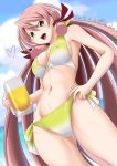  1girl akashi_(kantai_collection) alcohol beer beer_mug bikini blue_sky breasts cloud commentary_request covered_nipples cup dated day from_below green_eyes hair_ribbon holding holding_cup kantai_collection large_breasts long_hair mokerou navel open_mouth outdoors pink_hair red_ribbon ribbon sidelocks sky smile solo swimsuit tress_ribbon twitter_username 