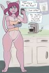  2019 3_toes absurd_res beverage blue_eyes bottomless breasts cat_tail cleavage clothed clothing coffee coffee_maker dialogue domestic_cat english_text felid feline felis female fur gloves handwear hi_res holding_cup holding_glass holding_object holding_phone inside mammal melody_(stareostar) nipple_outline oven_mitt phone pink_fur pussy signature solo speech_bubble stareostar steam text toes twitter 