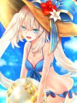 1girl :d ball beachball bikini blue_bikini blue_bow blue_eyes bow breasts cleavage collarbone eyebrows_visible_through_hair fate/grand_order fate_(series) floating_hair flower groin hair_between_eyes hat hat_bow hat_flower hibiscus holding holding_ball jewelry leaning_forward long_hair marie_antoinette_(fate/grand_order) marie_antoinette_(swimsuit_caster)_(fate) medium_breasts navel necklace open_mouth red_flower shinobu1132 silver_hair smile solo striped striped_bow sun_hat swimsuit very_long_hair white_flower yellow_headwear 