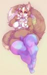  anthro belly breasts buxbi canid canine chest_tuft clothing female fluffy fluffy_tail harness hi_res legwear looking_at_viewer mammal medium_breasts nipples pubes purple_eyes slightly_chubby solo thick_thighs tongue tongue_out tuft wide_hips 