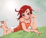  1girl blush commentary_request graphite_(medium) hino_akane_(smile_precure!) looking_at_viewer millipen_(medium) onnaski panties precure red_eyes red_hair short_hair smile smile_precure! solo traditional_media underwear 