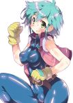  1girl allenby_beardsley blue_bodysuit blue_hair blush bodysuit breasts commentary_request fangs g_gundam gloves green_eyes gundam kanibasami large_breasts looking_at_viewer open_mouth short_hair skin_tight smile solo 