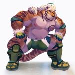  2019 5_fingers anthro boots bottomwear bozi clothing felid fingers footwear green_eyes hi_res hombretigre male mammal muscular muscular_male navel nipples pantherine pecs shorts slightly_chubby solo stocky tiger tokyo_afterschool_summoners video_games 