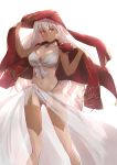  1girl absurdres bikini breasts cape cleavage collarbone commentary_request dark_skin fate/grand_order fate_(series) front-tie_bikini front-tie_top hair_between_eyes highres lakshmibai_(fate/grand_order) large_breasts light_smile long_hair midriff navel red_cape red_eyes red_headwear removing_headwear sarong see-through silver_hair simple_background solo swimsuit tan tanline turban vegetablenabe very_long_hair white_background white_bikini white_sarong 