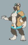  2019 4_toes 5_fingers akita animal_genitalia anthro armpit_hair balls canid canine canis domestic_dog fingers flaccid grey_background hi_res horn hybrid male mammal nude pecs penis sheath simple_background solo spitz standing toes vektor vektor_(artist) 