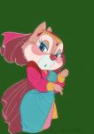  2019 4_fingers anthro blue_eyes chipmunk clarice_(disney) clothed clothing disney dress eyelashes female fingers fur green_background ground_squirrel hi_res kurokuma824 mammal red_nose rodent sciurid simple_background solo tan_fur 