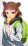  1girl backpack bag brown_hair double_bun ear_piercing earrings food hair_bun highres ice_cream jewelry original piercing red_eyes short_hair sumino_akasuke 