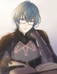  1boy blue_hair book byleth fire_emblem fire_emblem:_three_houses glasses gloves holding holding_paper paper portrait purple_eyes shinkanoshin smile solo 