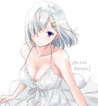  1girl alternate_costume breasts dated dress eyebrows_visible_through_hair hair_between_eyes hair_ornament hairclip hamakaze_(kantai_collection) kantai_collection large_breasts looking_at_viewer purple_eyes short_hair silver_hair simple_background solo twitter_username u0709 white_dress 