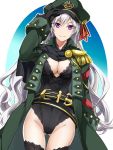  1girl adjusting_clothes adjusting_hat alternate_breast_size belt black_gloves black_legwear black_leotard breasts cleavage commentary_request epaulettes fate/grand_order fate_(series) gloves green_coat green_headwear hand_in_pocket hat helena_blavatsky_(fate/grand_order) hexagram highres large_breasts leotard long_hair older peaked_cap purple_eyes red-eyes_macadamiachoco silver_hair solo star_of_david thighhighs trench_coat very_long_hair 