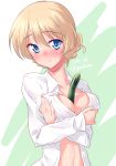  1girl bangs between_breasts blonde_hair blue_eyes blush braid breast_hold breasts closed_mouth commentary cucumber darjeeling dated dress_shirt full_body girls_und_panzer head_tilt highres kuzuryuu_kennosuke long_sleeves looking_at_viewer naked_shirt navel open_clothes open_shirt shirt short_hair solo standing tied_hair twin_braids twitter_username upper_body wing_collar 