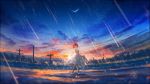  1girl bangs bare_shoulders brown_hair closed_mouth cloud commentary dawn dress grass highres holding_dress looking_at_viewer medium_hair moon original power_lines rain sky smile solo standing water white_dress y_y_(ysk_ygc) 