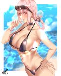  1girl absurdres bangs bare_shoulders beach bikini blue_sky blush bracelet braid braided_ponytail breasts brown_bikini choker cleavage collarbone commentary_request cowboy_shot earrings eyewear_on_head fate/grand_order fate_(series) florence_nightingale_(fate/grand_order) frilled_bikini_top hair_ribbon hand_on_hip highres jewelry kisaragi_(legobionicle23) large_breasts navel o-ring o-ring_bikini o-ring_bottom o-ring_top ocean open_mouth pink_hair red_eyes ribbon sand shore sideboob sidelocks single_braid sky stud_earrings sunglasses sunlight swimsuit water white_background 