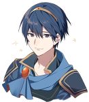  1boy armor blue_eyes blue_hair cape fire_emblem fire_emblem:_mystery_of_the_emblem gloves headband looking_at_viewer male_focus marth ryon_(ryonhei) short_hair simple_background smile super_smash_bros. tiara white_background 