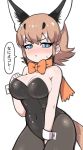  1girl alternate_costume bare_arms bare_shoulders black_hair black_legwear black_leotard blue_eyes blush bow bowtie bunnysuit caracal_(kemono_friends) caracal_ears caracal_tail commentary_request cowboy_shot extra_ears highres kemono_friends leotard light_brown_hair long_hair multicolored_hair nose_blush orange_neckwear pantyhose ransusan sidelocks sleeve_cuffs solo strapless strapless_leotard sweat translation_request 