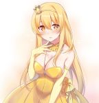  +_+ 1girl bare_shoulders blonde_hair blush breasts choker cleavage commentary_request crown_hair_ornament dress embarrassed eyebrows_visible_through_hair formal gloves hair_between_eyes large_breasts long_hair looking_at_viewer nemu_mohu open_mouth shokuhou_misaki strapless strapless_dress tiara to_aru_majutsu_no_index to_aru_majutsu_no_index:_new_testament whistle whistle_around_neck yellow_dress yellow_eyes yellow_gloves 