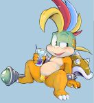  anthro armor beverage blush bodily_fluids bracers bulge claws clothed clothing cub dandi hair half-closed_eyes koopa koopaling lemmy_koopa male mario_bros mohawk_(disambiguation) nintendo open_mouth scalie simple_background sitting skimpy solo speedo spikes spreading sweat swimwear video_games wand young 
