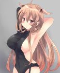  1girl armpits arms_behind_head asymmetrical_clothes bangs blonde_hair blush bodysuit breasts commentary_request covered_navel covered_nipples eyebrows_visible_through_hair grey_background hair_between_eyes hair_flaps hair_ornament hair_ribbon hairclip heterochromia highres hirune_(konekonelkk) kantai_collection large_breasts long_hair looking_at_viewer murasame_(kantai_collection) orange_hair red_eyes ribbon simple_background solo very_long_hair 