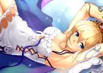  1girl armpits blonde_hair blue_eyes blue_ribbon breasts cleavage closed_mouth collarbone cutout dress europa_(granblue_fantasy) granblue_fantasy hair_between_eyes highres looking_at_viewer lying medium_breasts mizuki_(mizuki_ame) on_back ribbon short_dress short_hair sleeveless sleeveless_dress smile solo sparkle strapless strapless_dress white_dress 