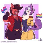  1:1 anthro avian bird blush canid canine canis clothing domestic_dog duo flag hair hi_res lgbt_pride male mammal nekocrispy one_eye_closed wink 