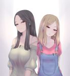  2girls black_hair blonde_hair bra_strap breasts chinese_commentary commentary_request earrings half-closed_eyes jewelry long_hair looking_at_viewer multiple_girls nikuku_(kazedesune) off-shoulder_shirt off_shoulder original overalls puffy_sleeves purple_eyes shirt sidelocks simple_background smile strap_slip upper_body 