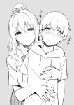  1boy 1girl 2080ti-kun_(sky_(freedom)) blonde_onee-san_(sky_(freedom)) blush commentary_request grey_background greyscale high_ponytail hood hoodie hug hug_from_behind long_hair looking_away monochrome nervous original school_uniform simple_background sketch sky_(freedom) sweat 