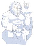  2019 anthro beverage biceps bow_tie clothing eyewear felid hi_res ituduki_aaa lion looking_at_viewer male mammal monocle muscular muscular_male naughty_face nipples pantherine pecs platter smile snow_(tas) solo thick_thighs thong tokyo_afterschool_summoners towel video_games 