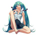  1girl aqua_eyes aqua_hair aqua_nails arm_on_knee arm_support bare_shoulders barefoot black_skirt breasts cleavage commentary from_below frown hair_ornament half-closed_eyes hatsune_miku knee_up long_hair looking_at_viewer looking_down nail_polish nokuhashi parted_lips shirt shoulder_tattoo skirt sleeveless sleeveless_shirt small_breasts solo tattoo twintails very_long_hair vocaloid white_background 