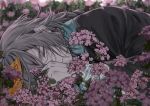  all_male braids close dark flowers gloves gray_eyes gray_hair long_hair male mia0309 ofuda original ponytail 