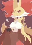  2019 absurd_res anthro breasts covered_nipples delphox female fur hi_res looking_at_viewer nintendo nyaswitchnya open_mouth pok&eacute;mon pok&eacute;mon_(species) red_eyes red_fur simple_background solo video_games white_fur yellow_fur 
