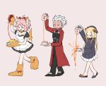  1boy 2girls :d abigail_williams_(fate/grand_order) animal_ear_fluff animal_ears apron archer arm_up bangs black_bow black_dress black_footwear black_headwear blonde_hair bow brown_background brown_footwear brown_gloves closed_eyes closed_mouth commentary_request cup dark_skin dark_skinned_male decantering dress eyebrows_visible_through_hair failure fate/grand_order fate/stay_night fate_(series) food fox_ears fox_girl fox_tail frilled_apron frills gloves grey_hair hair_bow hair_flaps hat holding holding_plate holding_saucer jacket kaneda_tamago ketchup long_hair long_sleeves maid_apron maid_headdress multiple_girls omurice open_mouth orange_bow paw_gloves paw_shoes paws pink_hair plate pouring puffy_short_sleeves puffy_sleeves red_jacket saucer shoes short_dress short_sleeves sidelocks simple_background sleeves_past_wrists smile tail tamamo_(fate)_(all) tamamo_cat_(fate) tea teacup very_long_hair white_apron 