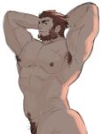  1boy abs armpit_hair bara beard biceps chest facial_hair fate/grand_order fate/zero fate_(series) highres looking_at_viewer male_focus muscle nipples nude orenoaluze pectorals pubic_hair red_eyes red_hair rider_(fate/zero) sketch smile solo white_background 