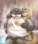  aotoaka bandage bathing belly blush canid canine canis convenient_censorship domestic_dog eye_scar fupa gyobu hi_res hot_spring jevicho99 jewelry male male/male mammal musclegut necklace nipple_pinch nipples nude pinch raccoon_dog scar shino_(housamo) slightly_chubby steam tanuki tattoo tokyo_afterschool_summoners tongue video_games water 