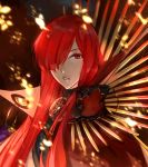  1girl cape fare fate/grand_order fate_(series) hair_over_one_eye long_hair looking_at_viewer oda_nobunaga_(avenger)_(fate) oda_nobunaga_(fate) parted_lips red_eyes red_hair solo 