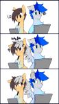  2016 blue_eyes blue_hair blush brown_eyes brown_hair computer copic digital_media_(artwork) duo english_text equid equine eye_contact fan_character feral friendship_is_magic hair hi_res horse kribbles kribbles_(oc) looking_at_another male mammal my_little_pony petting pony pterippus simple_background smile text turquoise_(mlp) white_background wings 