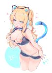  1girl absurdres ahegao animal_ears areolae bangs bare_shoulders blue_collar blue_eyes blue_nails blunt_bangs breasts bustier cat_ear_headphones cat_ears cat_tail collar crop_top eyebrows_visible_through_hair headphones heart heart-shaped_pupils highres large_breasts leaning_forward linmiu_(smilemiku) long_hair looking_at_viewer navel no_bra open_mouth original short_shorts shorts shorts_pull solo symbol-shaped_pupils tail tongue tongue_out undressing very_long_hair 
