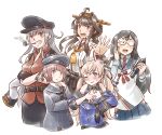  5girls ahoge black_gloves black_hair black_headwear black_skirt blue_headwear blue_sailor_collar blue_shirt breasts brown_eyes brown_hair cleavage closed_eyes clothes_writing commentary_request cowboy_shot detached_sleeves double_bun dress facial_scar gangut_(kantai_collection) gloves grey_hair grin hairband hand_on_own_chest hat headgear hip_vent jacket jacket_on_shoulders johnston_(kantai_collection) kantai_collection karasu_(naoshow357) kongou_(kantai_collection) light_brown_hair long_hair looking_at_viewer medium_breasts mouth_hold multiple_girls necktie off_shoulder ooyodo_(kantai_collection) peaked_cap pipe pleated_skirt popped_collar red_eyes red_neckwear red_shirt remodel_(kantai_collection) ribbon-trimmed_sleeves ribbon_trim sailor_collar sailor_dress sailor_hat scar scar_on_cheek school_uniform semi-rimless_eyewear serafuku shirt short_hair short_sleeves simple_background single_glove skirt smile two_side_up under-rim_eyewear us_medal_of_honor weapon_request white_background white_jacket z3_max_schultz_(kantai_collection) 