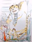  2018 anthro balls belly blush clothing cute_fangs duo dyzd1 edit erection felid hi_res human humanoid_hands humanoid_penis male male/male mammal moobs navel necktie nipples office overweight overweight_male pantherine penis shirt sitting tiger topwear uncensored 
