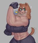  :3 abs ambiguous_gender animal_humanoid biceps big_breasts blep blue_eyes blush bottomwear breasts brown_hair canid canid_humanoid canine canine_humanoid clothed clothing crop_top dog_humanoid duo felicia_(krekk0v) female female_focus flexing gloves hair handwear hi_res humanoid krek krekk0v machine mammal mammal_humanoid midriff multicolored_hair muscular muscular_female navel pants robot shirt solo_focus studded_gloves tailwag tongue tongue_out topwear white_hair 