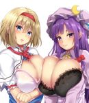  2girls alice_margatroid asymmetrical_docking bangs black_bra blonde_hair blue_dress blue_eyes blue_ribbon blush bow bra breast_press breasts capelet commentary_request crescent crescent_hair_ornament dress ebi_193 eyebrows_visible_through_hair hair_between_eyes hair_bow hair_ornament hairband hat hat_ribbon head_tilt huge_breasts looking_at_viewer mob_cap multiple_girls neck_ribbon open_mouth patchouli_knowledge purple_dress purple_eyes purple_hair purple_headwear red_bow red_hairband red_neckwear ribbon short_hair sidelocks simple_background smile touhou underwear white_background white_bra white_capelet yellow_neckwear yellow_ribbon 