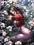  1girl aerith_gainsborough bow braid breasts brown_hair cropped_jacket dress english_commentary final_fantasy final_fantasy_vii final_fantasy_vii_remake flower garden green_eyes hair_ribbon highres large_breasts liang_xing long_dress long_hair looking_at_viewer parted_lips pink_bow pink_dress ponytail ribbon sidelocks single_braid sitting 